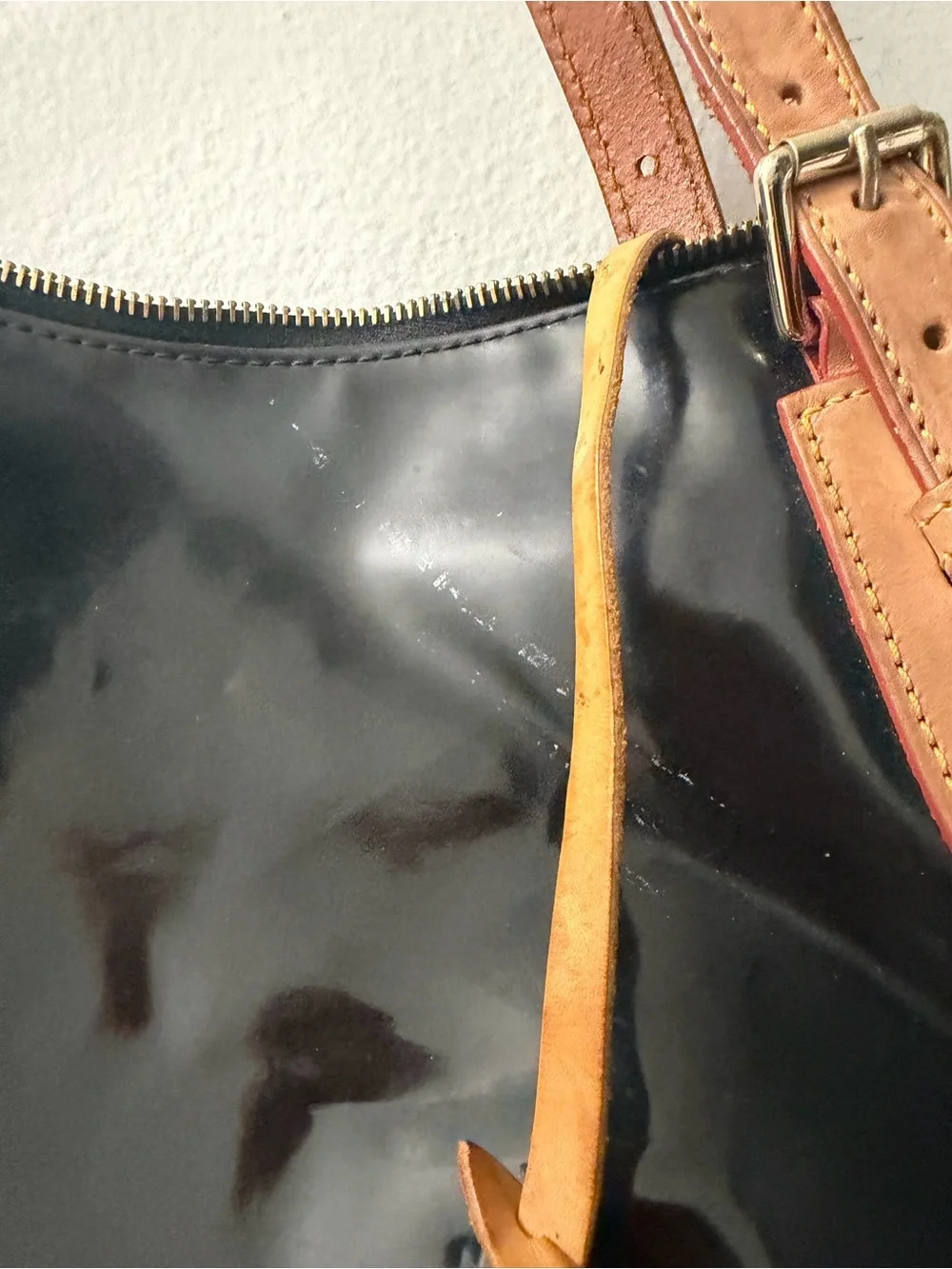 Dooney & Bourke Black Patent Shoulder Bag with Tan Trim and Red Lining